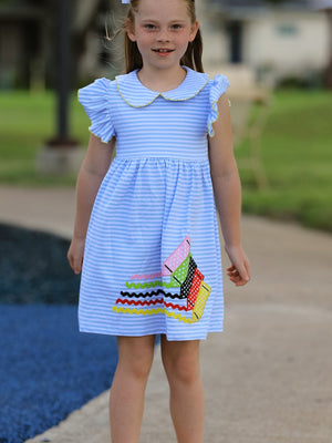 Girls Back To School Crayon Dress Ruffle Petal Collar Applique