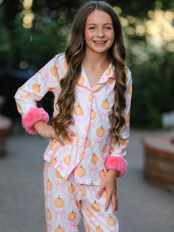 Halloween Thanksgiving Pumpkin Bow Fur Pajama Set