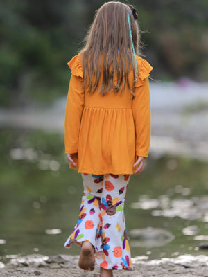 Fall Halloween & Thanksgiving Pumpkin Turkey Print Girls Long Sleeve Set