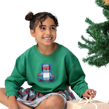 Holiday Plaid - Drop Sleeve Bear Sweatshirt with Rib Cuffs