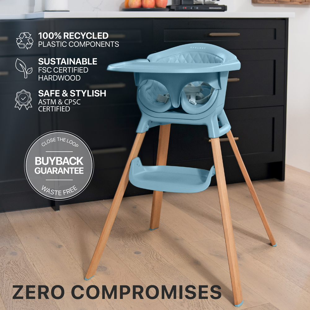 Evrloop 3-in-1 High Chair: Sustainable design, adaptable seat cushion covers for growing children.