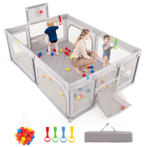 Extra large light gray baby playpen with basketball hoop, perfect for toddlers and infants to play safely.