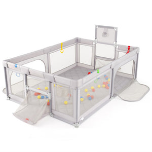 Extra large light gray baby playpen with basketball hoop for toddlers, angled view showcasing spacious design.
