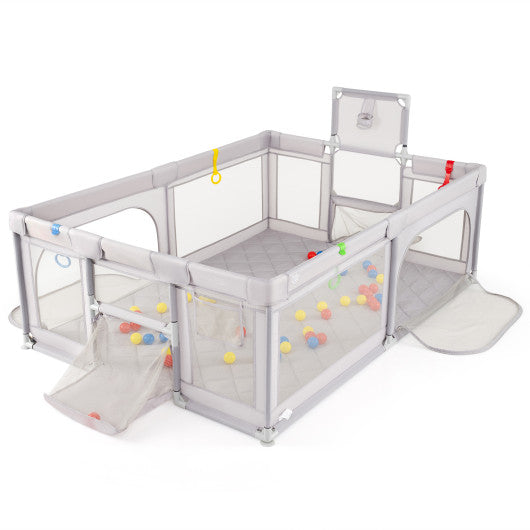 Extra large light gray baby playpen with basketball hoop for toddlers, angled view showcasing spacious design.