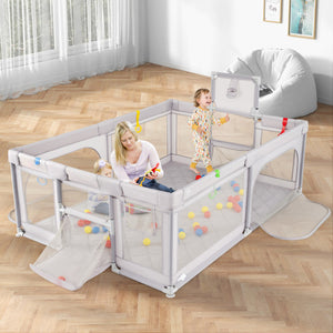 Extra large light gray baby playpen with basketball hoop for toddlers, angled view showcasing spacious design.