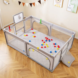 Extra Large Light Gray Baby Playpen with Basketball Hoop for Toddlers and Babies - Safe Play Area