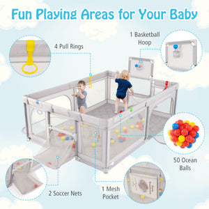 Extra large light gray baby playpen with basketball hoop for toddlers, angled view showcasing safety and fun.