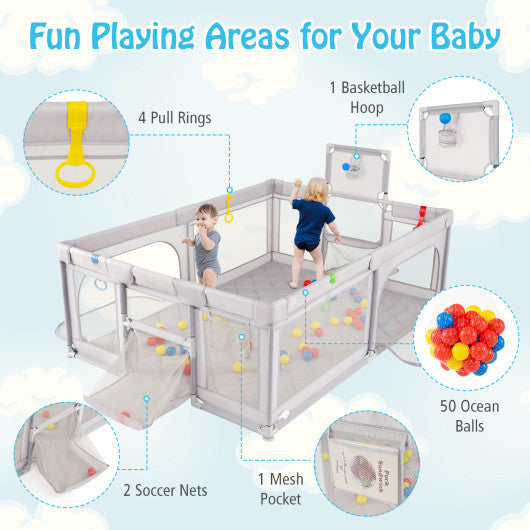 Extra large light gray baby playpen with basketball hoop for toddlers, angled view showcasing safety and fun.