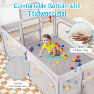 Extra large light gray baby playpen with basketball hoop for toddlers, angled view showcasing its spacious design.