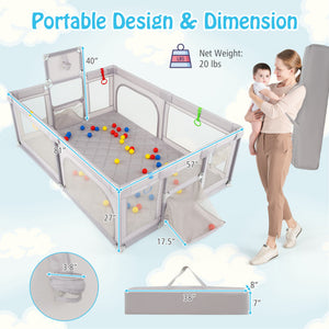 Extra large light gray baby playpen with basketball hoop, perfect for toddlers and infants to play safely.