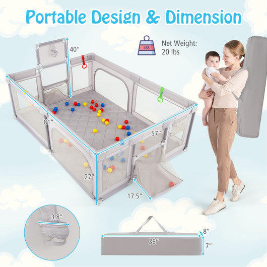 Extra large light gray baby playpen with basketball hoop, perfect for toddlers and infants to play safely.