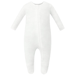 100% Organic Cotton Off-White Zip Footed Pajamas for babies, soft and cozy sleepwear.