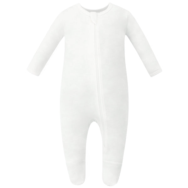 100% Organic Cotton Off-White Zip Footed Pajamas for babies, soft and cozy sleepwear.