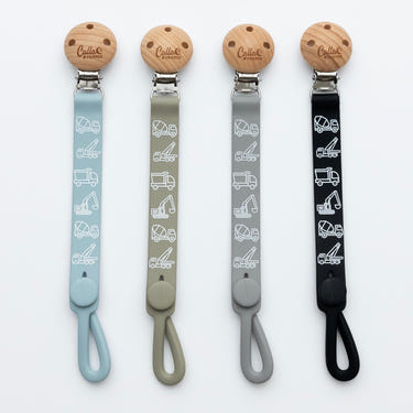 Nash Everything Clip in Trucks + Diggers design, perfect pacifier clip for babies.
