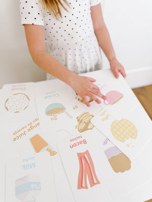 Colorful breakfast flashcards for babies, promoting early learning and sensory play. Angle 5 view.
