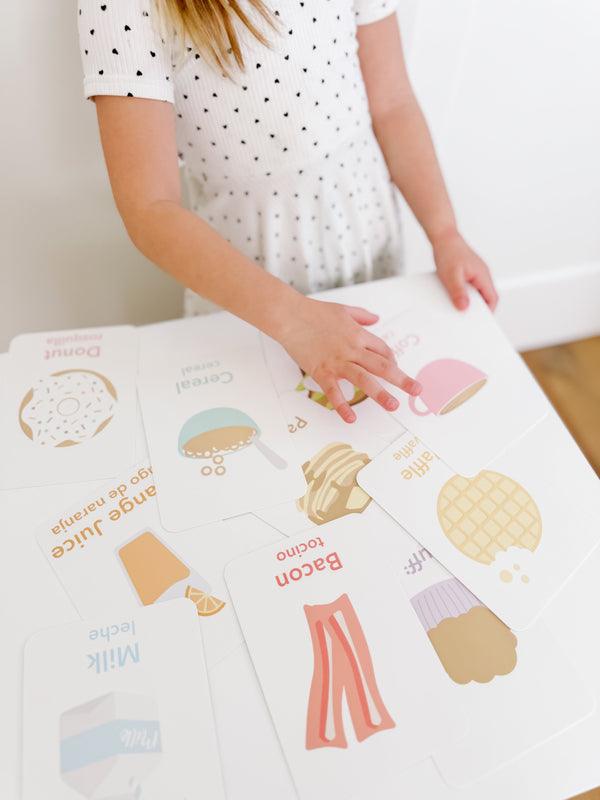 Colorful breakfast flashcards for babies, promoting early learning and sensory play. Angle 5 view.
