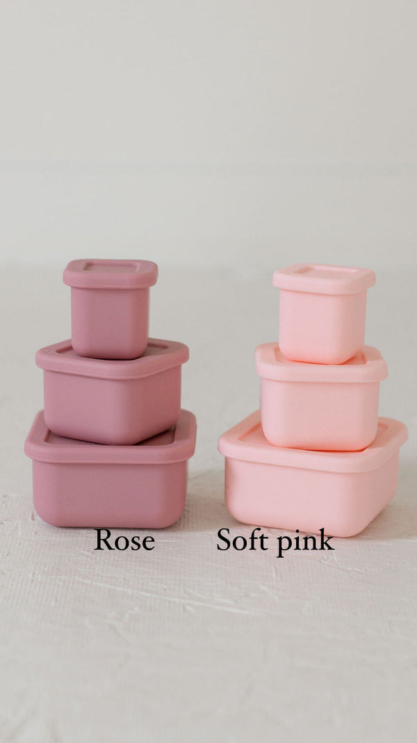 Silicone Bento box set of 3 for baby food storage and on-the-go meals, shown at angle 14.