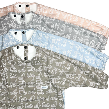 Grayson Long Sleeve Bib in Construction design, perfect for messy eaters and playful toddlers.