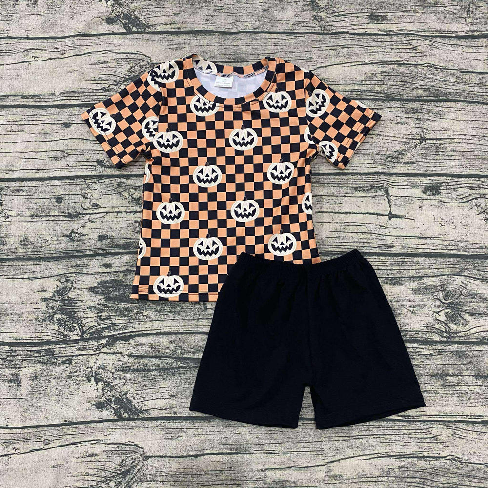 Checkered pumpkin boys set - adorable two-piece outfit for infants, perfect for fall and festive occasions.