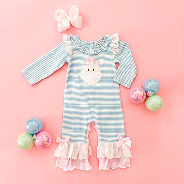 Girls Christmas Santa Romper for infants, festive holiday outfit for baby girls, perfect for Christmas celebrations.