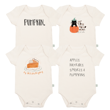Graphic bodysuit set for babies, fall 4 pack plus 1 free, featuring cute designs and soft fabric.