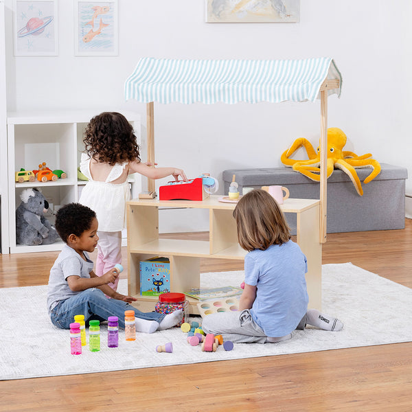 Holly Wooden Market Stand for kids - pretend play shop and display shelf, perfect for indoor fun and creativity.