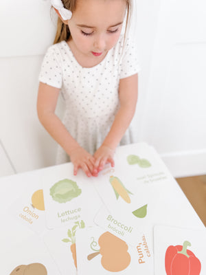"Colorful vegetable flashcards for babies, promoting learning and play in a stylish furniture setting."