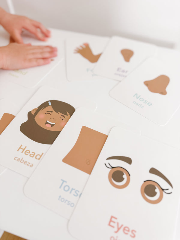 Colorful body parts flashcards for early learning and sensory play, displayed at an angle for engaging visuals.