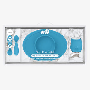 "First Foods Set for babies, featuring colorful bowls and utensils at an angle, perfect for introducing solid foods."