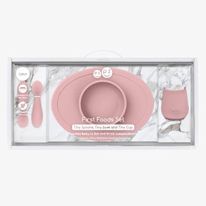 "First Foods Set for babies, featuring colorful utensils and bowls, perfect for introducing solid foods."