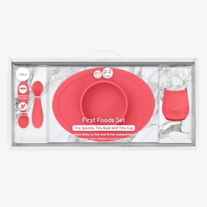 "First Foods Set for babies, featuring colorful utensils and bowls, perfect for introducing solid foods."