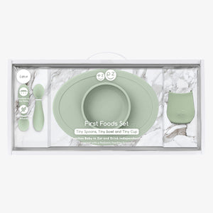 First Foods Set for babies, featuring colorful bowls and utensils, perfect for introducing solid foods. Angle 7 view.