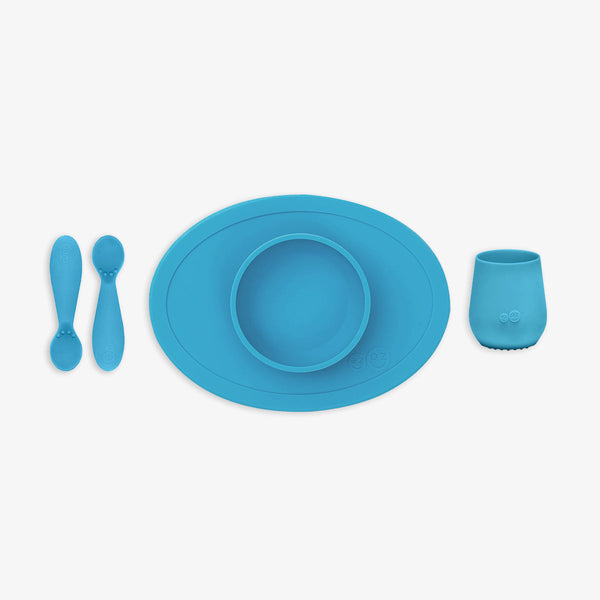 First Foods Set for babies, featuring colorful bowls and utensils, perfect for introducing solids. Angle 11 view.