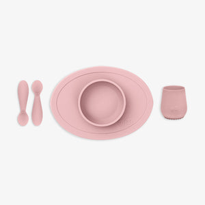 "First Foods Set for babies, featuring colorful bowls and utensils, perfect for introducing solids."
