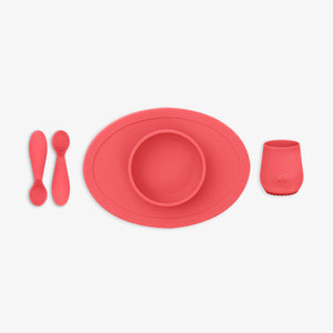 "First Foods Set for babies, featuring colorful bowls and utensils, perfect for introducing solid foods."