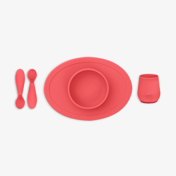 "First Foods Set for babies, featuring colorful bowls and utensils, perfect for introducing solid foods."