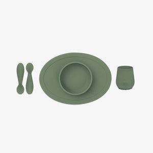 First Foods Set for babies, featuring colorful utensils and bowls, perfect for introducing solid foods. Angle 19 view.
