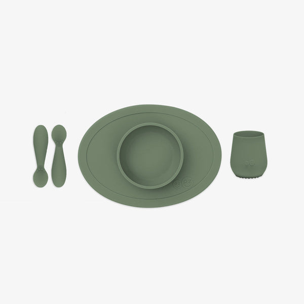 First Foods Set for babies, featuring colorful utensils and bowls, perfect for introducing solid foods. Angle 19 view.