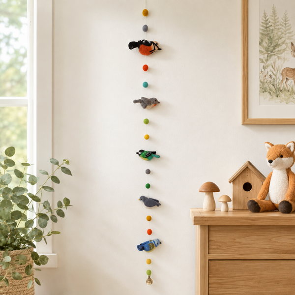 Felt bird garland hanging on a white nursery wall, showing wool birds and felt ball spacers