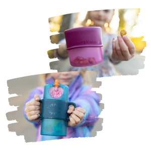 KiddyTrek 4-in-1 Sip & Snack Set: versatile food pouch, juice box holder, snack cup, and sip cup for babies.