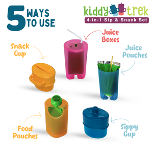KiddyTrek 4-in-1 Sip & Snack Set: versatile food pouch, juice box holder, snack cup, and sip cup for babies.