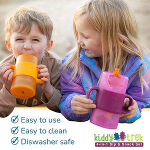 KiddyTrek 4-in-1 Sip & Snack Set: versatile food pouch, juice box holder, snack cup, and sip cup for babies.