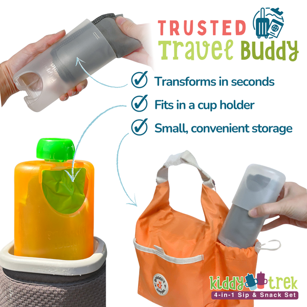 KiddyTrek 4-in-1 Sip & Snack Set: versatile food pouch, juice box holder, snack cup, and sip cup for babies.