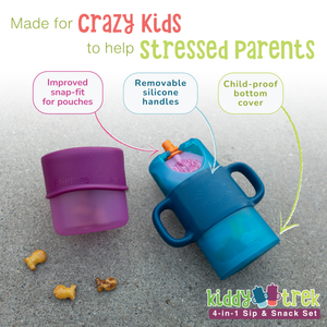 KiddyTrek 4-in-1 Sip & Snack Set: versatile food pouch, juice box holder, snack cup, and sip cup for babies.
