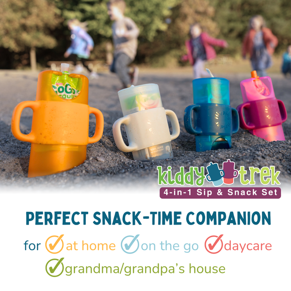 KiddyTrek 4-in-1 Sip & Snack Set: versatile food pouch, juice box holder, snack cup, and sip cup for babies.