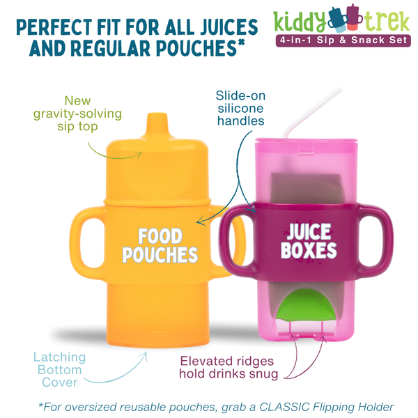 KiddyTrek 4-in-1 Sip & Snack Set: versatile food pouch, juice box holder, snack cup, and sip cup for babies.