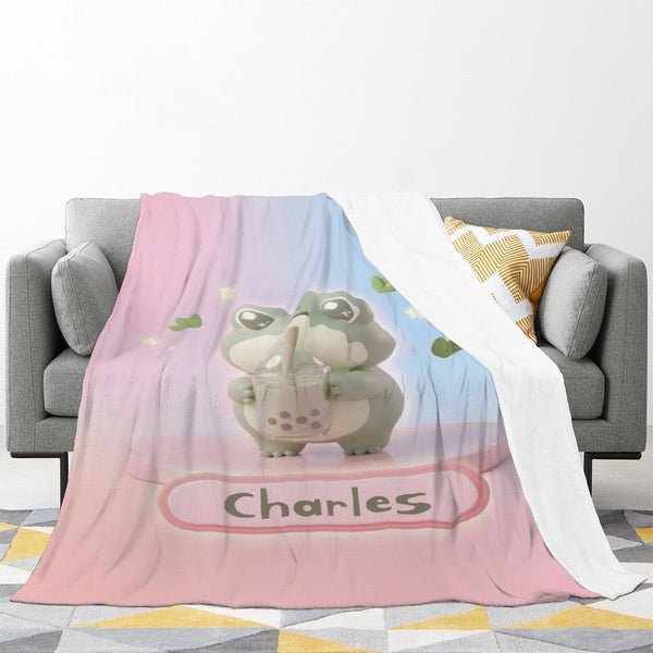 Personalized Kawaii Frog Boba Tea Blanket | Custom Name | Cute Frog Throw
