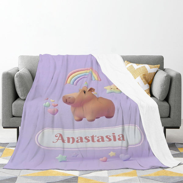 Personalized Kawaii Unicorn Capybara Blanket | Custom Name Gift