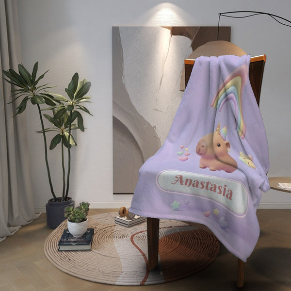 Personalized Kawaii Unicorn Capybara Blanket | Custom Name Gift
