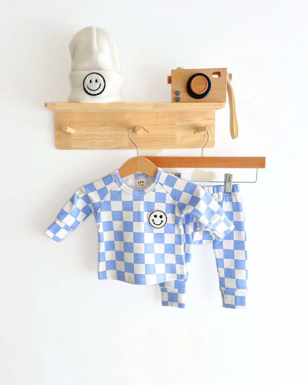Checkered Smiley Lounge Set | Blue - MOOGCO Baby